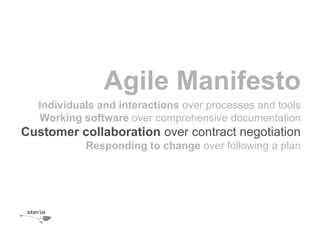 Agile Manifesto
  Individuals and interactions over processes and tools
  Working software over comprehensive documentation
Customer collaboration over contract negotiation
           Responding to change over following a plan
 