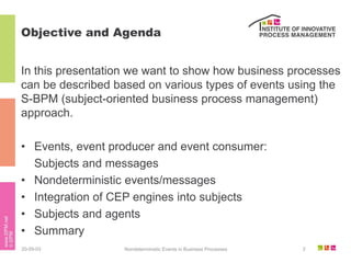 Objective and Agenda


In this presentation we want to show how business processes
can be described based on various types of events using the
S-BPM (subject-oriented business process management)
approach.

• Events, event producer and event consumer:
  Subjects and messages
• Nondeterministic events/messages
• Integration of CEP engines into subjects
• Subjects and agents
• Summary
20-09-03           Nondeterministic Events in Business Processes   2
 