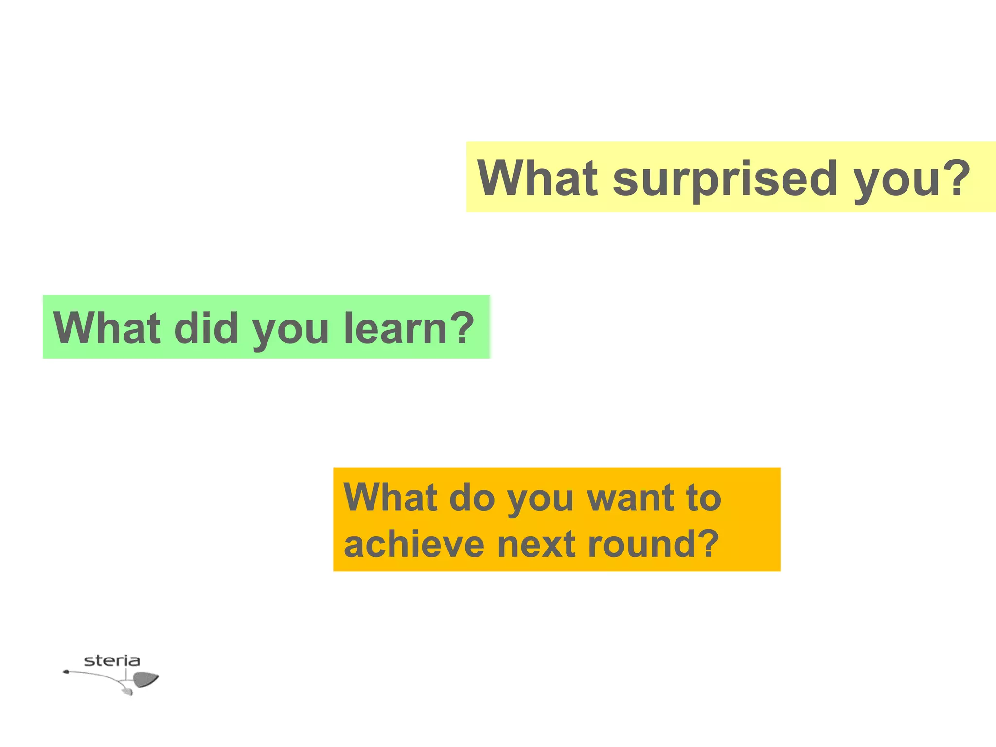 What surprised you?

What did you learn?


             What do you want to
             achieve next round?
 