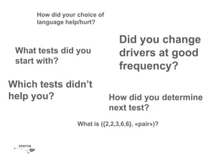 How did your choice of
      language help/hurt?


                                  Did you change
 What tests did you               drivers at good
 start with?
                                  frequency?
Which tests didn’t
help you?                      How did you determine
                               next test?
                   What is ({2,2,3,6,6}, «pair»)?
 