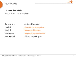 PROGRAMME


     3 jours sur Shanghai :

     -Session du 3 mars au 6 mars 2013




     Dimanche 3                                   Arrivée Shanghai
     Lundi 4                                      Journée consommateur
     Mardi 5                                      Marques chinoises
     Mercredi 6                                   Marques internationales
     Mercredi soir                                Départ de Shanghai




2012, L’Atelier © | No diffusion or reproduction without authorization | www.atelier.net   4
 