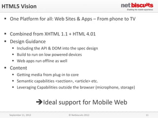 HTML5 Vision

 One Platform for all: Web Sites & Apps – From phone to TV

 Combined from XHTML 1.1 + HTML 4.01
 Design Guidance
     Including the API & DOM into the spec design
     Build to run on low powered devices
     Web apps run offline as well
 Content
     Getting media from plug-in to core
     Semantic capabilities <section>, <article> etc.
     Leveraging Capabilities outside the browser (microphone, storage)


                       Ideal support for Mobile Web
  September 11, 2012              © Netbiscuits 2012                      11
 
