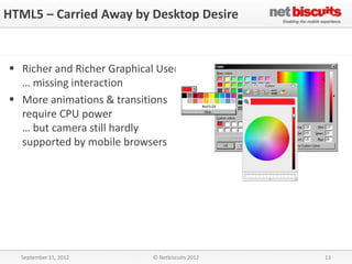 HTML5 – Carried Away by Desktop Desire


 Richer and Richer Graphical User Interface
  … missing interaction
 More animations & transitions
  require CPU power
  … but camera still hardly
  supported by mobile browsers




  September 11, 2012         © Netbiscuits 2012   13
 