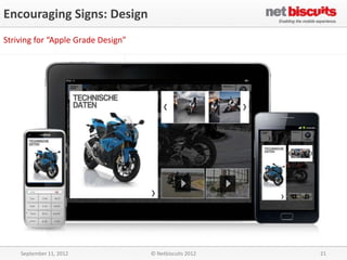 Encouraging Signs: Design
Striving for “Apple Grade Design”




    September 11, 2012              © Netbiscuits 2012   21
 
