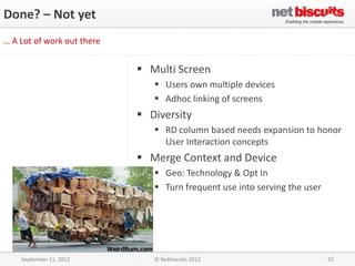 Done? – Not yet
… A Lot of work out there


                             Multi Screen
                                Users own multiple devices
                                Adhoc linking of screens
                             Diversity
                                RD column based needs expansion to honor
                                 User Interaction concepts
                             Merge Context and Device
                                Geo: Technology & Opt In
                                Turn frequent use into serving the user




    September 11, 2012         © Netbiscuits 2012                          25
 