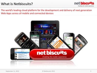 What is Netbiscuits?
The world’s leading cloud platform for the development and delivery of next generation
Web Apps across all mobile and connected devices




    September 11, 2012                © Netbiscuits 2012                            3
 