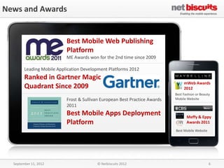 News and Awards


                           Best Mobile Web Publishing
                           Platform
                           ME Awards won for the 2nd time since 2009

        Leading Mobile Application Development Platforms 2012
        Ranked in Gartner Magic
                                                                                 mWeb Awards
        Quadrant Since 2009                                                      2012
                                                                            Best Fashion or Beauty
                           Frost & Sullivan European Best Practice Awards   Mobile Website
                           2011
                           Best Mobile Apps Deployment                             Meffy & Eppy
                           Platform                                                Awards 2011
                                                                            Best Mobile Website




  September 11, 2012                     © Netbiscuits 2012                                       6
 