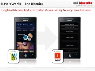 How it works – The Biscuits
Using Biscuits building blocks, the creation of award-winning Web Apps cannot be easier




                                                                Header Biscuit

                                                                Search Biscuit

                                                                Menu Biscuit



                                                                Image Biscuit




                                                                Image Biscuit



         Awarded                                   Created by   Image Biscuit
 