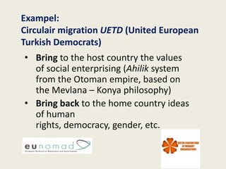 Exampel:
Circulair migration UETD (United European
Turkish Democrats)
• Bring to the host country the values
  of social enterprising (Ahilik system
  from the Otoman empire, based on
  the Mevlana – Konya philosophy)
• Bring back to the home country ideas
  of human
  rights, democracy, gender, etc.
 