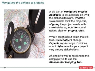 Navigating the politics of projects


                                      A big part of navigating project
                                      politics is to get a handle on who
                                      the stakeholders are, what the
                                      stakeholders think the project is,
                                      aligning the project needs with
                                      stakeholder expectations, and
                                      getting clear on project roles.

                                      What’s tough about this is that it’s
                                      fluid. Stakeholders change.
                                      Expectations change. Opinions
                                      about objectives for your project
                                      vary among stakeholders.

                                      An effective way to respond to this
                                      complexity is to use the
                                      Stakeholder Mapping Tool.

 14
 