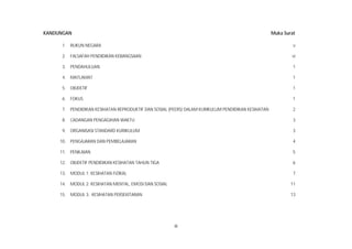 iii
KANDUNGAN Muka Surat
1. RUKUN NEGARA v
2. FALSAFAH PENDIDIKAN KEBANGSAAN vi
3. PENDAHULUAN 1
4. MATLAMAT 1
5. OBJEKTIF 1
6. FOKUS 1
7. PENDIDIKAN KESIHATAN REPRODUKTIF DAN SOSIAL (PEERS) DALAM KURIKULUM PENDIDIKAN KESIHATAN 2
8. CADANGAN PENGAGIHAN WAKTU 3
9. ORGANISASI STANDARD KURIKULUM 3
10. PENGAJARAN DAN PEMBELAJARAN 4
11. PENILAIAN 5
12. OBJEKTIF PENDIDIKAN KESIHATAN TAHUN TIGA 6
13. MODUL 1: KESIHATAN FIZIKAL 7
14. MODUL 2: KESIHATAN MENTAL, EMOSI DAN SOSIAL 11
15. MODUL 3: KESIHATAN PERSEKITARAN 13
 