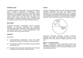PENDAHULUAN
Pendidikan Kesihatan ialah disiplin ilmu yang membolehkan
murid mendapat pengalaman pembelajaran secara
berterusan untuk membuat keputusan, meningkatkan literasi
kesihatan dan mengamalkan gaya hidup sihat. Murid dididik
supaya sentiasa bersedia menyesuaikan diri dalam aspek
fizikal, mental, emosi, sosial dan rohani. Pengajaran dan
pembelajaran Pendidikan Kesihatan yang terancang dapat
meningkatkan potensi individu ke tahap kesihatan optimum.
MATLAMAT
Pendidikan Kesihatan membolehkan individu mengawal
kesihatan diri, keluarga, masyarakat dan persekitaran
menerusi pengetahuan, kemahiran, amalan gaya hidup sihat
dan bersikap positif untuk mencapai kesejahteraan hidup
serta jangka hayat panjang yang berkualiti.
OBJEKTIF
Murid boleh :
(i) mempertingkatkan pengetahuan, sikap dan amalan
kesihatan diri, keluarga, masyarakat serta persekitaran;
(ii) mempamerkan kemahiran mencegah masalah kesihatan
dan penyakit; dan
(iii) menguasai keupayaan bagi menghadapi dan menangani
masalah serta isu berkaitan dengan kesihatan.
FOKUS
Kurikulum Pendidikan Kesihatan terdiri daripada Pendidikan
Kesihatan Reproduktif dan Sosial iaitu PEERS (75%),
pemakanan (15%) dan pertolongan cemas (10%). Sejumlah
35 waktu dalam penjadualan persekolahan setahun diagihkan
untuk pelaksanaan pengajaran dan pembelajaran Pendidikan
Kesihatan bagi Tahap Satu dan Tahap Dua sekolah rendah.
Kandungan Pendidikan Kesihatan memberi penekanan
terhadap gaya hidup sihat bersesuaian dengan ciri dan
keperluan murid serta disusun mengikut tiga modul utama
iaitu :
Modul 1 : Kesihatan Fizikal
Modul ini menekankan aspek perkembangan fizikal serta
penjagaan kesihatan diri, keluarga dan masyarakat. Fokus
diberi kepada kesihatan diri dan reproduktif, pemakanan dan
penyalahgunaan bahan.
Pendidikan Kesihatan
Reproduktif dan
Sosial (PEERS)
(75%)
Pemakanan
(15%)
Pertolongan
Cemas
(10%)
1
 
