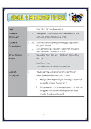 1
Tajuk : Kesihatan Diri dan Reproduktif
Standard
Kandungan
: 1.1 Mengetahui dan memahami pertumbuhan dan
perkembangan fizikal yang sihat.
Standard
Pembelajaran
: 1.1.2
1.1.4
Menyatakan kepentingan menjaga kebersihan
anggota seksual.
Mengamalkan penjagaan kebersihan anggota
seksual dalam kehidupan harian.
Bahan Bantuan
Belajar
: Klip video (Upin dan Ipin – Diri Bersih Badan Sihat
Bahagian 2)
Layari laman web:
http://www.youtube.com/watch?v=xg62U3P
Langkah
Pengajaran
: Tayangan klip video berkaitan kepentingan
menjaga kebersihan anggota badan.
1. Menyatakan kepentingan menjaga kebersihan
anggota seksual. (Lampiran 1)
2. Menyenaraikan amalan penjagaan kebersihan
anggota seksual dan melengkapkan peta
minda. (Lembaran Kerja 1)
 