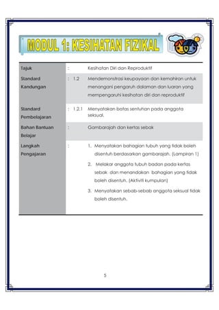 5
( tukar gambar yang tidak jelas sprti air kotor)
Tajuk : Kesihatan Diri dan Reproduktif
Standard
Kandungan
: 1.2 Mendemonstrasi keupayaan dan kemahiran untuk
menangani pengaruh dalaman dan luaran yang
mempengaruhi kesihatan diri dan reproduktif
Standard
Pembelajaran
: 1.2.1 Menyatakan batas sentuhan pada anggota
seksual.
Bahan Bantuan
Belajar
: Gambarajah dan kertas sebak
Langkah
Pengajaran
: 1. Menyatakan bahagian tubuh yang tidak boleh
disentuh berdasarkan gambarajah. (Lampiran 1)
2. Melakar anggota tubuh badan pada kertas
sebak dan menandakan bahagian yang tidak
boleh disentuh. (Aktiviti kumpulan)
3. Menyatakan sebab-sebab anggota seksual tidak
boleh disentuh.
( tukar gambar yang tidak jelas sprti air kotor)
 