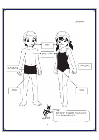 6
Lampiran 1
Bahagian anggota tubuh yang
tidak boleh disentuh.
bibir
punggung
payu dara
punggung
zakar faraj
 