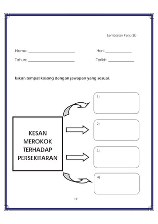 19
Lembaran Kerja 2b
Nama: _________________________ Hari: ______________
Tahun: _________________________ Tarikh: ______________
Isikan tempat kosong dengan jawapan yang sesuai.
KESAN
MEROKOK
TERHADAP
PERSEKITARAN
1)
2)
3)
4)
 