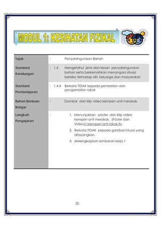 20
Tajuk : Penyalahgunaan Bahan
Standard
Kandungan
: 1.4 Mengetahui jenis dan kesan penyalahgunaan
bahan serta berkemahiran menangani situasi
berisiko terhadap diri, keluarga dan masyarakat.
Standard
Pembelajaran
: 1.4.4 Berkata TIDAK kepada pembelian dan
pengambilan rokok
Bahan Bantuan
Belajar
: Gambar dan klip video kempen anti merokok.
Langkah
Pengajaran
: 1. Menunjukkan poster dan klip video
kempen anti merokok. (Poster dan
Video)i:kempen anti rokok.flv
2. Berkata TIDAK kepada gambar/situasi yang
ditayangkan.
3. Melengkapkan lembaran kerja 1
 