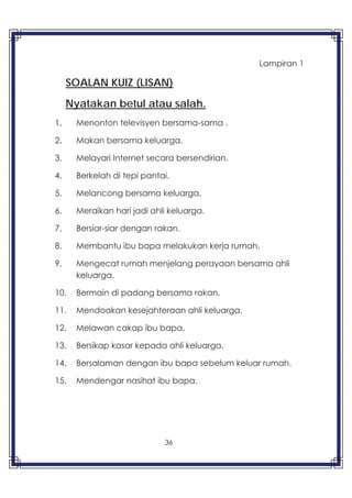 36
Lampiran 1
SOALAN KUIZ (LISAN)
Nyatakan betul atau salah.
1. Menonton televisyen bersama-sama .
2. Makan bersama keluarga.
3. Melayari Internet secara bersendirian.
4. Berkelah di tepi pantai.
5. Melancong bersama keluarga.
6. Meraikan hari jadi ahli keluarga.
7. Bersiar-siar dengan rakan.
8. Membantu ibu bapa melakukan kerja rumah.
9. Mengecat rumah menjelang perayaan bersama ahli
keluarga.
10. Bermain di padang bersama rakan.
11. Mendoakan kesejahteraan ahli keluarga.
12. Melawan cakap ibu bapa.
13. Bersikap kasar kepada ahli keluarga.
14. Bersalaman dengan ibu bapa sebelum keluar rumah.
15. Mendengar nasihat ibu bapa.
 
