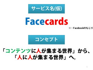 「コンテンツに人が集まる世界」から、
「人に人が集まる世界」へ。
コンセプト
Facecards
サービス名(仮)
※…Facebookのもじり
1
 