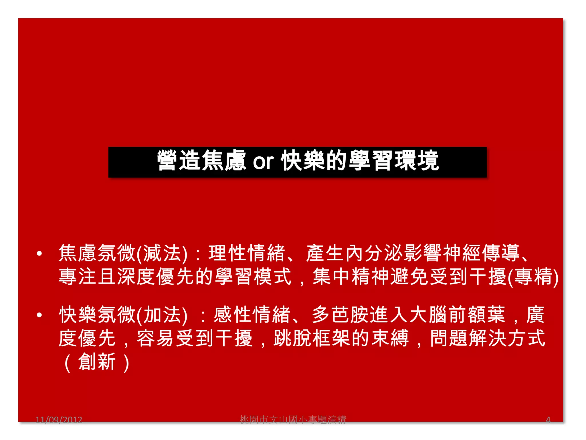 營造焦慮 or 快樂的學習環境



• 焦慮氛微(減法)：理性情緒、產生內分泌影響神經傳導、
  專注且深度優先的學習模式，集中精神避免受到干擾(專精)
• 快樂氛微(加法) ：感性情緒、多芭胺進入大腦前額葉，廣
  度優先，容易受到干擾，跳脫框架的束縛，問題解決方式
  （創新）

11/09/2012       桃園市文山國小專題演講   4
 