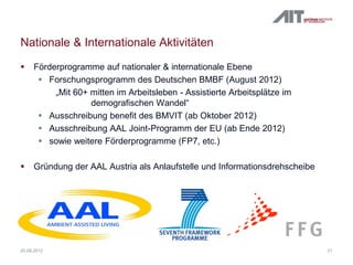 Nationale & Internationale Aktivitäten
 Förderprogramme auf nationaler & internationale Ebene
 Forschungsprogramm des Deutschen BMBF (August 2012)
„Mit 60+ mitten im Arbeitsleben - Assistierte Arbeitsplätze im
demografischen Wandel“
 Ausschreibung benefit des BMVIT (ab Oktober 2012)
 Ausschreibung AAL Joint-Programm der EU (ab Ende 2012)
 sowie weitere Förderprogramme (FP7, etc.)
 Gründung der AAL Austria als Anlaufstelle und Informationsdrehscheibe
2120.09.2012
 