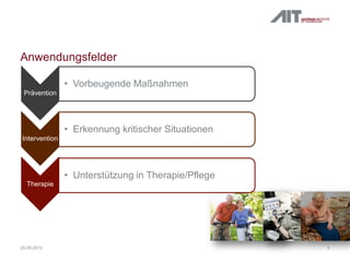 Anwendungsfelder
320.09.2012
Prävention
• Vorbeugende Maßnahmen
Intervention
• Erkennung kritischer Situationen
Therapie
• Unterstützung in Therapie/Pflege
 