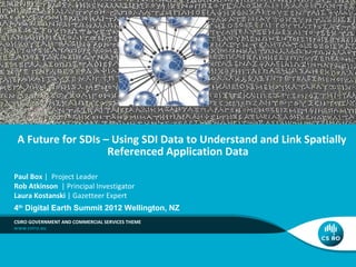 A Future for SDIs – Using SDI Data to Understand and Link Spatially
Referenced Application Data
Paul Box | Project Leader
Rob Atkinson | Principal Investigator
Laura Kostanski | Gazetteer Expert
4th Digital Earth Summit 2012 Wellington, NZ
CSIRO GOVERNMENT AND COMMERCIAL SERVICES THEME

 
