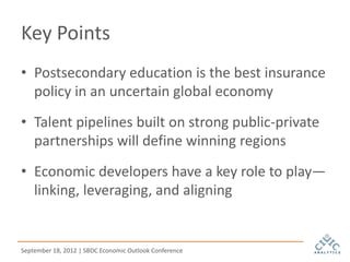 Key Points
• Postsecondary education is the best insurance
  policy in an uncertain global economy
• Talent pipelines built on strong public-private
  partnerships will define winning regions
• Economic developers have a key role to play—
  linking, leveraging, and aligning


September 18, 2012 | SBDC Economic Outlook Conference
 