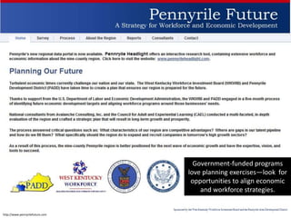 Government-funded programs
                                 love planning exercises—look for
                                  opportunities to align economic
                                     and workforce strategies.


http://www.pennyrilefuture.com
 