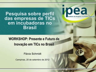 Pesquisa sobre perfil
das empresas de TICs
 em incubadoras no
       Brasil

 WORKSHOP: Presente e Futuro da
   Inovação em TICs no Brasil

            Flávia Schmidt

     Campinas, 20 de setembro de 2012
 