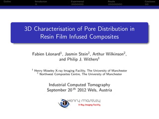 Outline Introduction Experimental Results Conclusion
3D Characterisation of Pore Distribution in
Resin Film Infused Composites
Fabien L´eonard1
, Jasmin Stein2
, Arthur Wilkinson2
,
and Philip J. Withers1
1
Henry Moseley X-ray Imaging Facility, The University of Manchester
2
Northwest Composites Centre, The University of Manchester
Industrial Computed Tomography
September 20 th
2012 Wels, Austria
 