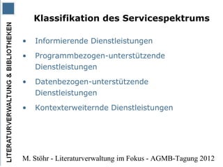 Klassifikation des Servicespektrums

•   Informierende Dienstleistungen
•   Programmbezogen-unterstützende
    Dienstleist...