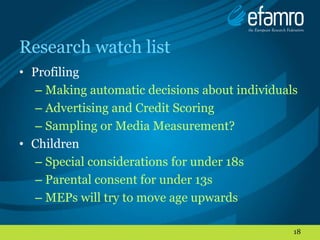 Research watch list
• Existing Exemptions
  – Historical, Statistical and Scientific
  – Commercial v Academic?




      ...