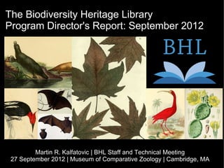 The Biodiversity Heritage Library
Program Director's Report: September 2012




         Martin R. Kalfatovic | BHL Staff and Technical Meeting
 27 September 2012 | Museum of Comparative Zoology | Cambridge, MA
 
