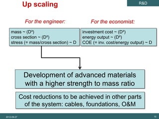 SET Analysis            Up scaling                                             R&D



                         For the engineer:             For the economist:
               mass ~ (D³)                         investment cost ~ (D³)
               cross section ~ (D²)                energy output ~ (D²)
               stress (= mass/cross section) ~ D   COE (= inv. cost/energy output) ~ D




                        Development of advanced materials
                        with a higher strength to mass ratio
                       Cost reductions to be achieved in other parts
                        of the system: cables, foundations, O&M
          2012-09-27                                                                     10
 