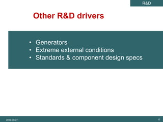 SET Analysis                                              R&D


                        Other R&D drivers


                       • Generators
                       • Extreme external conditions
                       • Standards & component design specs




          2012-09-27                                            17
 