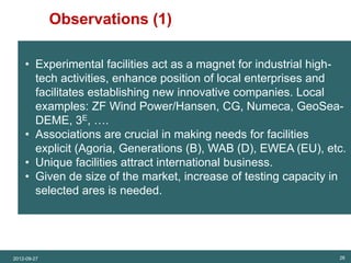 Observations (1)
SET Analysis




               • Experimental facilities act as a magnet for industrial high-
                 tech activities, enhance position of local enterprises and
                 facilitates establishing new innovative companies. Local
                 examples: ZF Wind Power/Hansen, CG, Numeca, GeoSea-
                 DEME, 3E, ….
               • Associations are crucial in making needs for facilities
                 explicit (Agoria, Generations (B), WAB (D), EWEA (EU), etc.
               • Unique facilities attract international business.
               • Given de size of the market, increase of testing capacity in
                 selected ares is needed.




          2012-09-27                                                       26
 