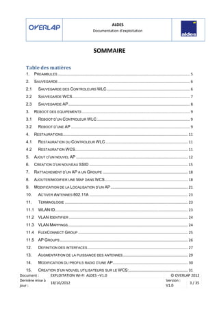 ALDES
Documentation d’exploitation
Document : EXPLOITATION WI-FI ALDES –V1.0 © OVERLAP 2012
Dernière mise à
jour :
18/10/2012
Version :
V1.0
3 / 35
SOMMAIRE
Table des matières
1. PREAMBULES .................................................................................................................................. 5
2. SAUVEGARDE.................................................................................................................................. 6
2.1 SAUVEGARDE DES CONTROLEURS WLC.................................................................................. 6
2.2 SAUVEGARDE WCS.................................................................................................................... 7
2.3 SAUVEGARDE AP........................................................................................................................ 8
3. REBOOT DES EQUIPEMENTS .......................................................................................................... 9
3.1 REBOOT D’UN CONTROLEUR WLC............................................................................................ 9
3.2 REBOOT D’UNE AP ..................................................................................................................... 9
4. RESTAURATIONS........................................................................................................................... 11
4.1 RESTAURATION DU CONTROLEUR WLC ................................................................................. 11
4.2 RESTAURATION WCS............................................................................................................... 11
5. AJOUT D’UN NOUVEL AP .............................................................................................................. 12
6. CREATION D’UN NOUVEAU SSID ................................................................................................. 15
7. RATTACHEMENT D’UN AP A UN GROUPE .................................................................................... 18
8. AJOUTER/MODIFIER UNE MAP DANS WCS.................................................................................. 18
9. MODIFICATION DE LA LOCALISATION D’UN AP............................................................................ 21
10. ACTIVER ANTENNES 802.11A ................................................................................................. 23
11. TERMINOLOGIE ......................................................................................................................... 23
11.1 WLAN ID................................................................................................................................... 23
11.2 VLAN IDENTIFIER ..................................................................................................................... 24
11.3 VLAN MAPPINGS...................................................................................................................... 24
11.4 FLEXCONNECT GROUP ............................................................................................................ 25
11.5 AP GROUPS.............................................................................................................................. 26
12. DEFINITION DES INTERFACES................................................................................................... 27
13. AUGMENTATION DE LA PUISSANCE DES ANTENNES................................................................ 29
14. MODIFICATION DU PROFILS RADIO D’UNE AP.......................................................................... 30
15. CREATION D’UN NOUVEL UTILISATEURS SUR LE WCS:.......................................................... 31
 