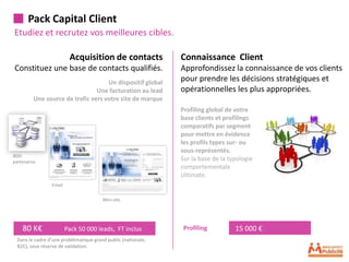 Pack Capital Client
Etudiez et recrutez vos meilleures cibles.

                          Acquisition de contacts              Connaissance Client
Constituez une base de contacts qualifiés.                     Approfondissez la connaissance de vos clients
                                    Un dispositif global       pour prendre les décisions stratégiques et
                                Une facturation au lead        opérationnelles les plus appropriées.
         Une source de trafic vers votre site de marque
                                                               Profiling global de votre
                                                               base clients et profilings
                                                               comparatifs par segment
                                                               pour mettre en évidence
                                                               les profils types sur- ou
                                                               sous-représentés.
BDD
partenaires
                                                               Sur la base de la typologie
                                                               comportementale
                                                               Ultimate.
                 Email


                                        Mini-site




    80 K€                Pack 50 000 leads, FT inclus           Profiling          15 000 €
  Dans le cadre d’une problématique grand public (nationale,
  B2C), sous réserve de validation.
 