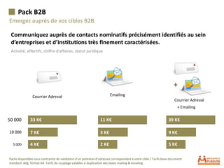 Pack B2B
Emergez auprès de vos cibles B2B.

 Communiquez auprès de contacts nominatifs précisément identifiés au sein
 d’entreprises et d’institutions très finement caractérisées.
 Activité, effectifs, chiffre d’affaires, statut juridique




                                                                                                                      +
                Courrier Adressé                                        Emailing
                                                                                                                      Courrier Adressé
                                                                                                                        + Emailing

50 000         33 K€                                             11 K€                                            39 K€

10 000         7 K€                                              3 K€                                             9 K€

  5 000        4 K€                                              2 K€                                             5 K€

Packs disponibles sous contrainte de validation d’un potentiel d’adresses correspondant à votre cible / Tarifs base document
standard -60g, format A4. Tarifs de couplage valables si duplication des bases mailing & emailing .
 