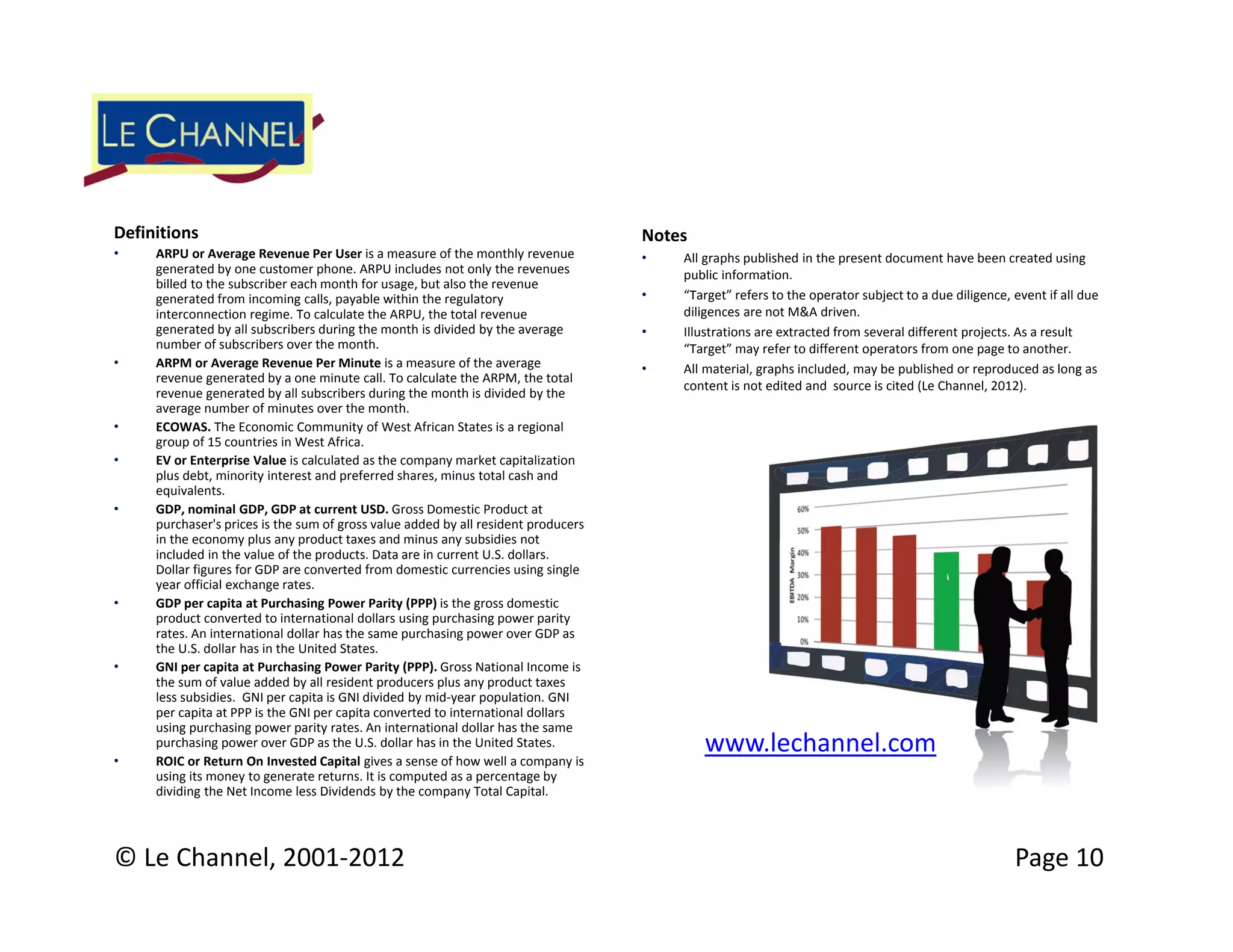 Definitions                                                                          Notes
•    ARPU or Average Revenue Per User is a measure of the monthly revenue            •   All graphs published in the present document have been created using 
     generated by one customer phone. ARPU includes not only the revenues                public information.
     billed to the subscriber each month for usage, but also the revenue 
     generated from incoming calls, payable within the regulatory                    •   “Target” refers to the operator subject to a due diligence, event if all due 
     interconnection regime. To calculate the ARPU, the total revenue                    diligences are not M&A driven.
     generated by all subscribers during the month is divided by the average         •   Illustrations are extracted from several different projects. As a result 
     number of subscribers over the month.                                               “Target” may refer to different operators from one page to another.
•    ARPM or Average Revenue Per Minute is a measure of the average                  •   All material, graphs included, may be published or reproduced as long as 
     revenue generated by a one minute call. To calculate the ARPM, the total 
                                                                                         content is not edited and  source is cited (Le Channel, 2012).
     revenue generated by all subscribers during the month is divided by the 
     average number of minutes over the month.
•    ECOWAS. The Economic Community of West African States is a regional 
     group of 15 countries in West Africa.
•    EV or Enterprise Value is calculated as the company market capitalization 
     plus debt, minority interest and preferred shares, minus total cash and 
     equivalents.
•    GDP, nominal GDP, GDP at current USD. Gross Domestic Product at 
     purchaser's prices is the sum of gross value added by all resident producers 
     in the economy plus any product taxes and minus any subsidies not 
     included in the value of the products. Data are in current U.S. dollars. 
     Dollar figures for GDP are converted from domestic currencies using single 
     year official exchange rates.
•    GDP per capita at Purchasing Power Parity (PPP) is the gross domestic 
     product converted to international dollars using purchasing power parity 
     rates. An international dollar has the same purchasing power over GDP as 
     the U.S. dollar has in the United States.
•    GNI per capita at Purchasing Power Parity (PPP). Gross National Income is 
     the sum of value added by all resident producers plus any product taxes 
     less subsidies.  GNI per capita is GNI divided by mid‐year population. GNI 
     per capita at PPP is the GNI per capita converted to international dollars 
     using purchasing power parity rates. An international dollar has the same 
     purchasing power over GDP as the U.S. dollar has in the United States.                  www.lechannel.com
•    ROIC or Return On Invested Capital gives a sense of how well a company is 
     using its money to generate returns. It is computed as a percentage by 
     dividing the Net Income less Dividends by the company Total Capital.




© Le Channel, 2001‐2012                                                                                                                              Page 10
 