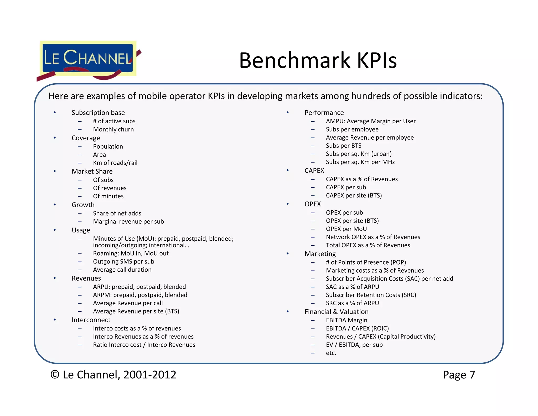 Benchmark KPIs
Here are examples of mobile operator KPIs in developing markets among hundreds of possible indicators:
 •   Subscription base                                                •   Performance
      –      # of active subs                                               –      AMPU: Average Margin per User
      –      Monthly churn                                                  –      Subs per employee
 •   Coverage                                                               –      Average Revenue per employee
      –      Population                                                     –      Subs per BTS
      –      Area                                                           –      Subs per sq. Km (urban)
      –      Km of roads/rail                                               –      Subs per sq. Km per MHz
 •   Market Share                                                     •   CAPEX 
      –      Of subs                                                        –      CAPEX as a % of Revenues
      –      Of revenues                                                    –      CAPEX per sub
      –      Of minutes                                                     –      CAPEX per site (BTS)
 •   Growth                                                           •   OPEX
      –      Share of net adds                                              –      OPEX per sub
      –      Marginal revenue per sub                                       –      OPEX per site (BTS)
 •   Usage                                                                  –      OPEX per MoU
      –      Minutes of Use (MoU): prepaid, postpaid, blended;              –      Network OPEX as a % of Revenues
             incoming/outgoing; international…                              –      Total OPEX as a % of Revenues
      –      Roaming: MoU in, MoU out                                 •   Marketing
      –      Outgoing SMS per sub                                           –      # of Points of Presence (POP)
      –      Average call duration                                          –      Marketing costs as a % of Revenues
 •   Revenues                                                               –      Subscriber Acquisition Costs (SAC) per net add
      –      ARPU: prepaid, postpaid, blended                               –      SAC as a % of ARPU
      –      ARPM: prepaid, postpaid, blended                               –      Subscriber Retention Costs (SRC)
      –      Average Revenue per call                                       –      SRC as a % of ARPU
      –      Average Revenue per site (BTS)                           •   Financial & Valuation
 •   Interconnect                                                           –      EBITDA Margin
      –      Interco costs as a % of revenues                               –      EBITDA / CAPEX (ROIC)
      –      Interco Revenues as a % of revenues                            –      Revenues / CAPEX (Capital Productivity)
      –      Ratio Interco cost / Interco Revenues                          –      EV / EBITDA, per sub
                                                                            –      etc.


© Le Channel, 2001‐2012                                                                                                      Page 7
 