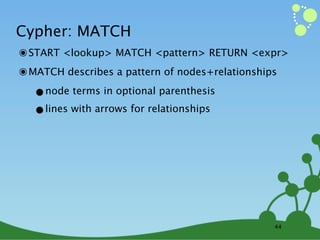 Cypher: MATCH
๏ START <lookup> MATCH <pattern> RETURN <expr>
๏ MATCH describes a pattern of nodes+relationships
   •node terms in optional parenthesis
   •lines with arrows for relationships




                                                 44
 