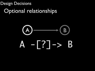 Design Decisions
 Optional relationships


             A            B

         A -[?]-> B
 