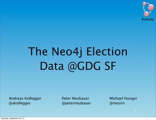 #neo4j




                             The Neo4j Election
                               Data @GDG SF

        Andreas Kollegger          Peter Neubauer   Michael Hunger
        @akollegger                @peterneubauer   @mesirii
                                                                1

Saturday, September 29, 12
 