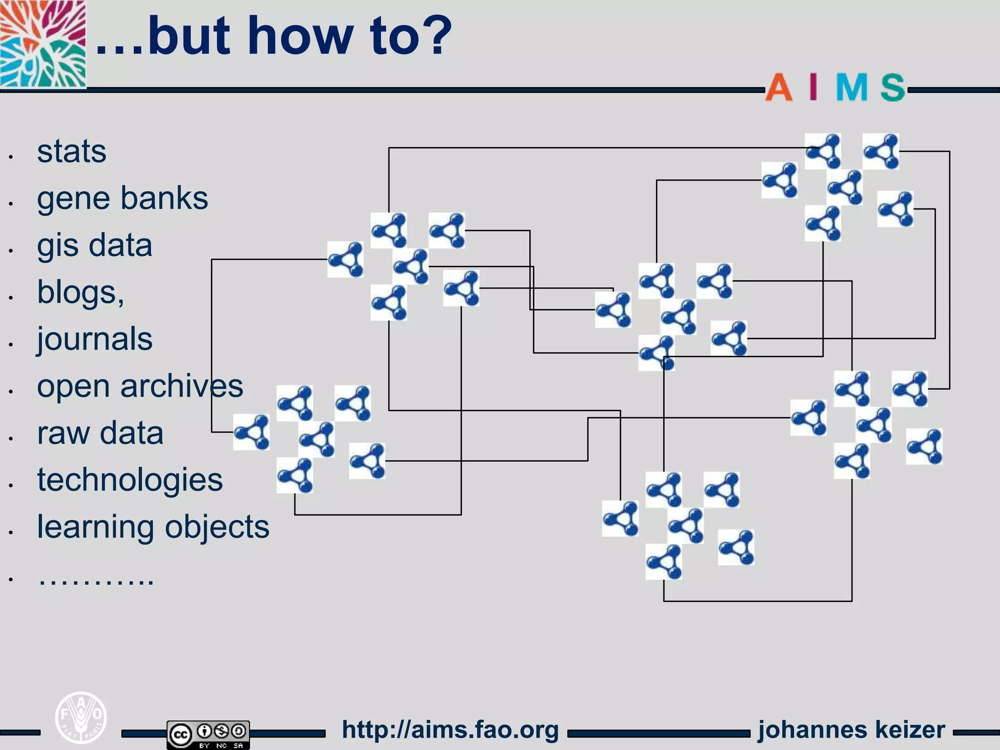 …but how to?

•   stats
•   gene banks
•   gis data
•   blogs,
•   journals
•   open archives
•   raw data
•   technologies
•   learning objects
•   ………..



                       http://aims.fao.org   johannes keizer
 
