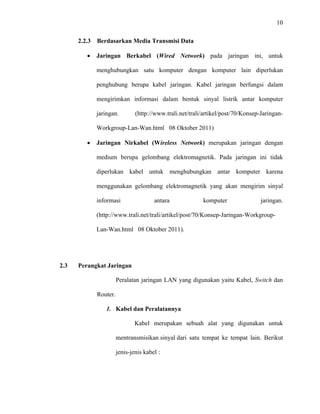 10
 
 
2.2.3 Berdasarkan Media Transmisi Data
• Jaringan Berkabel (Wired Network) pada jaringan ini, untuk
menghubungkan satu komputer dengan komputer lain diperlukan
penghubung berupa kabel jaringan. Kabel jaringan berfungsi dalam
mengirimkan informasi dalam bentuk sinyal listrik antar komputer
jaringan. (http://www.trali.net/trali/artikel/post/70/Konsep-Jaringan-
Workgroup-Lan-Wan.html 08 Oktober 2011)
• Jaringan Nirkabel (Wireless Network) merupakan jaringan dengan
medium berupa gelombang elektromagnetik. Pada jaringan ini tidak
diperlukan kabel untuk menghubungkan antar komputer karena
menggunakan gelombang elektromagnetik yang akan mengirim sinyal
informasi antara komputer jaringan.
(http://www.trali.net/trali/artikel/post/70/Konsep-Jaringan-Workgroup-
Lan-Wan.html 08 Oktober 2011).
2.3 Perangkat Jaringan
Peralatan jaringan LAN yang digunakan yaitu Kabel, Switch dan
Router.
1. Kabel dan Peralatannya
Kabel merupakan sebuah alat yang digunakan untuk
mentransmisikan sinyal dari satu tempat ke tempat lain. Berikut
jenis-jenis kabel :
 