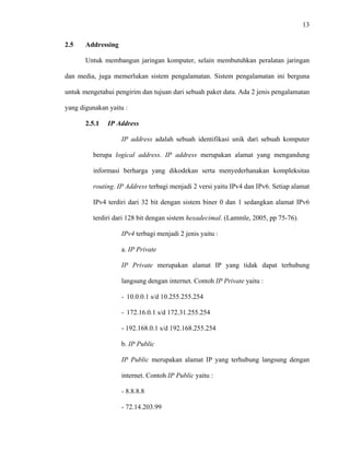 13
 
 
2.5 Addressing
Untuk membangun jaringan komputer, selain membutuhkan peralatan jaringan
dan media, juga memerlukan sistem pengalamatan. Sistem pengalamatan ini berguna
untuk mengetahui pengirim dan tujuan dari sebuah paket data. Ada 2 jenis pengalamatan
yang digunakan yaitu :
2.5.1 IP Address
IP address adalah sebuah identifikasi unik dari sebuah komputer
berupa logical address. IP address merupakan alamat yang mengandung
informasi berharga yang dikodekan serta menyederhanakan kompleksitas
routing. IP Address terbagi menjadi 2 versi yaitu IPv4 dan IPv6. Setiap alamat
IPv4 terdiri dari 32 bit dengan sistem biner 0 dan 1 sedangkan alamat IPv6
terdiri dari 128 bit dengan sistem hexadecimal. (Lammle, 2005, pp 75-76).
IPv4 terbagi menjadi 2 jenis yaitu :
a. IP Private
IP Private merupakan alamat IP yang tidak dapat terhubung
langsung dengan internet. Contoh IP Private yaitu :
- 10.0.0.1 s/d 10.255.255.254
- 172.16.0.1 s/d 172.31.255.254
- 192.168.0.1 s/d 192.168.255.254
b. IP Public
IP Public merupakan alamat IP yang terhubung langsung dengan
internet. Contoh IP Public yaitu :
- 8.8.8.8
- 72.14.203.99
 