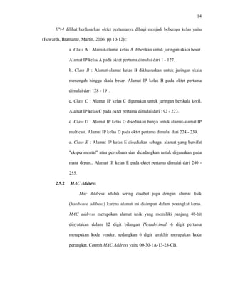 14
 
 
IPv4 dilihat berdasarkan oktet pertamanya dibagi menjadi beberapa kelas yaitu
(Edwards, Bramante, Martin, 2006, pp 10-12) :
a. Class A : Alamat-alamat kelas A diberikan untuk jaringan skala besar.
Alamat IP kelas A pada oktet pertama dimulai dari 1 - 127.
b. Class B : Alamat-alamat kelas B dikhususkan untuk jaringan skala
menengah hingga skala besar. Alamat IP kelas B pada oktet pertama
dimulai dari 128 - 191.
c. Class C : Alamat IP kelas C digunakan untuk jaringan berskala kecil.
Alamat IP kelas C pada oktet pertama dimulai dari 192 - 223.
d. Class D : Alamat IP kelas D disediakan hanya untuk alamat-alamat IP
multicast. Alamat IP kelas D pada oktet pertama dimulai dari 224 - 239.
e. Class E : Alamat IP kelas E disediakan sebagai alamat yang bersifat
"eksperimental" atau percobaan dan dicadangkan untuk digunakan pada
masa depan.. Alamat IP kelas E pada oktet pertama dimulai dari 240 -
255.
2.5.2 MAC Address
Mac Address adalah sering disebut juga dengan alamat fisik
(hardware address) karena alamat ini disimpan dalam perangkat keras.
MAC address merupakan alamat unik yang memiliki panjang 48-bit
dinyatakan dalam 12 digit bilangan Hexadecimal. 6 digit pertama
merupakan kode vendor, sedangkan 6 digit terakhir merupakan kode
perangkat. Contoh MAC Address yaitu 00-30-1A-13-28-CB.
 