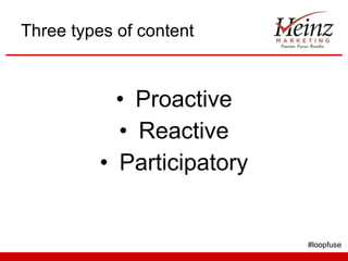 Three types of content Proactive Reactive Participatory #loopfuse 